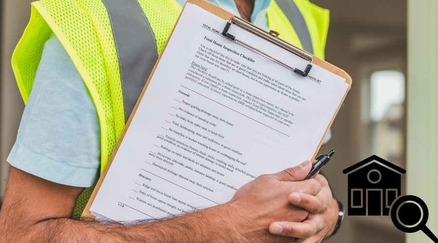 Home inspector holding a property inspection checklist and pen while assessing a house before purchase.