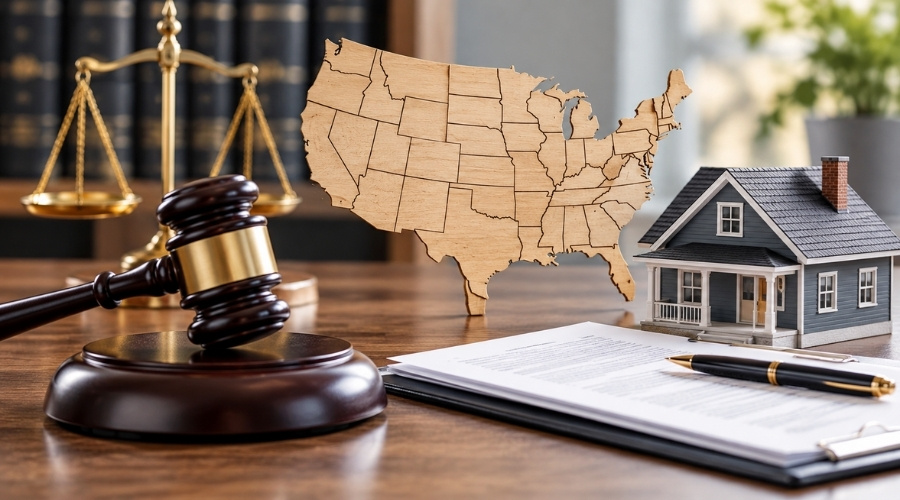 Judge's gavel, scales of justice, US map, and model house illustrating how state laws affect property ownership.